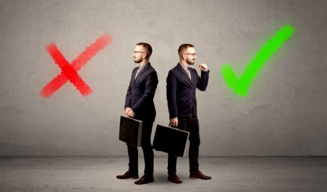 Two images of the same businessman facing two different directions. The left is marked with a red X - representing a wrong decision - and the right with a green checkmark - representing the right decision.